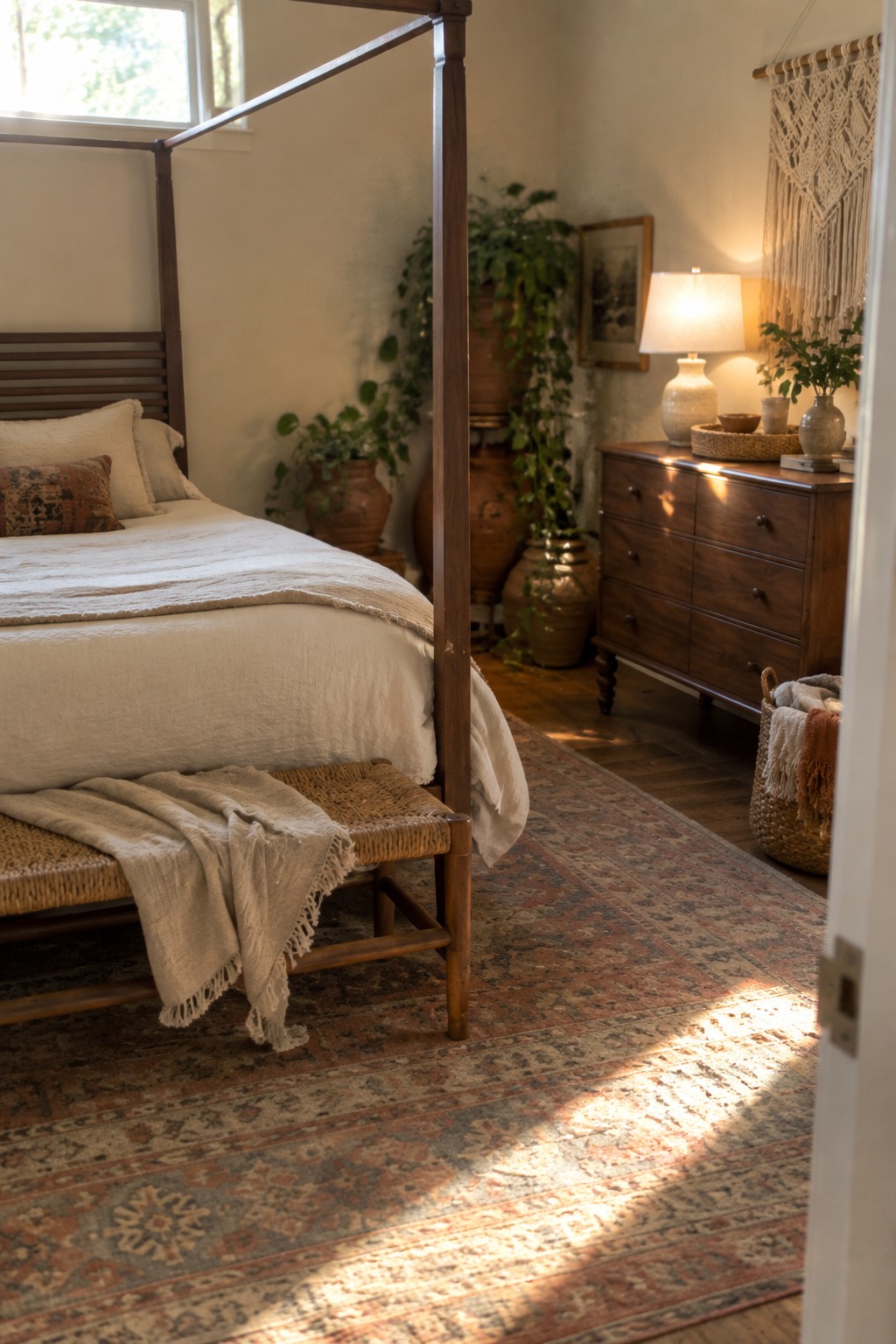 A bedroom interior featuring a dark wood four-poster bed with white bedding, a woven bench at the foot, a wooden dresser on the right, and a large patterned rug on the floor.