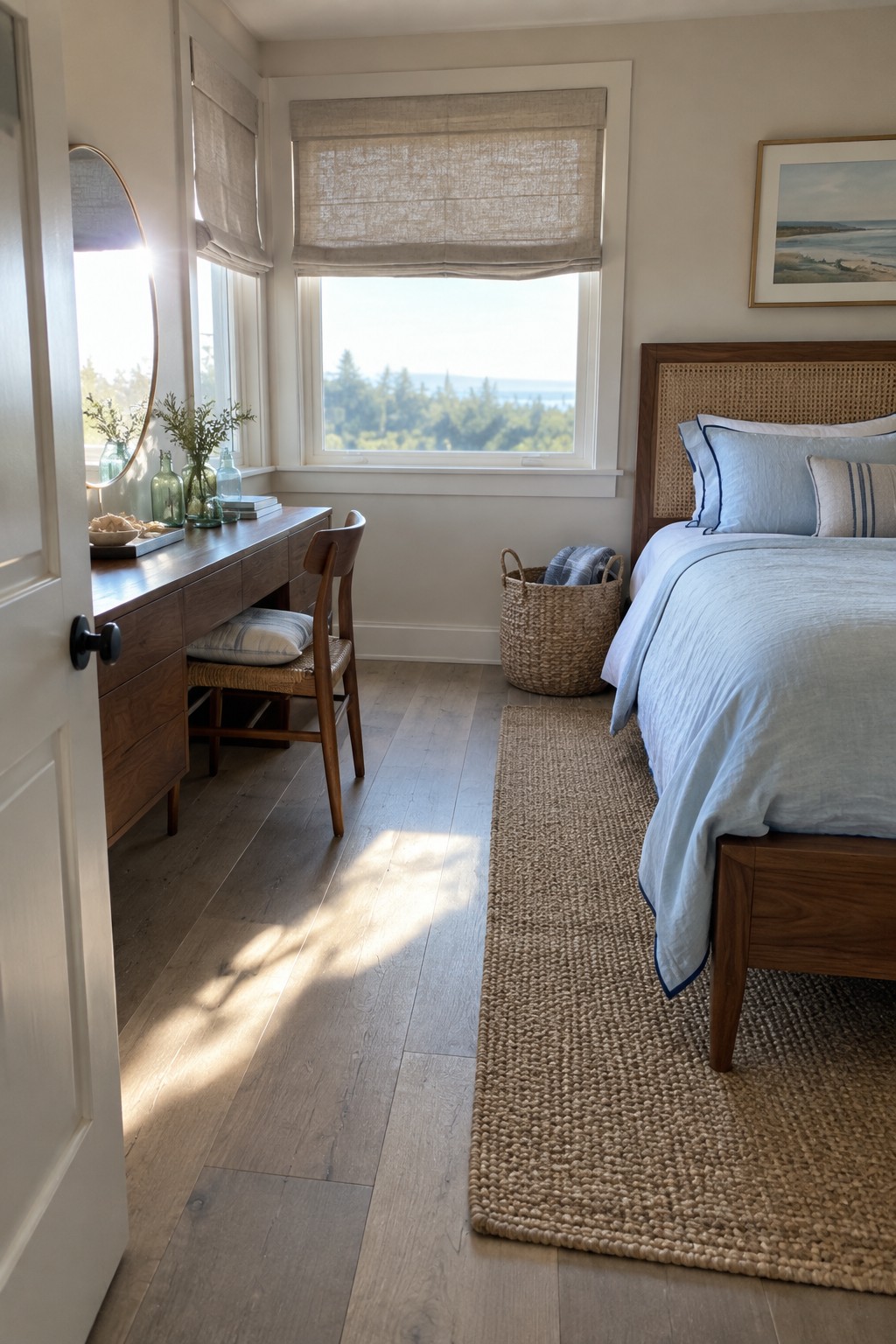 A bedroom interior showing a walnut vanity desk with chair on the left and a walnut bed with cane headboard and light blue bedding on the right, with a large window between them.