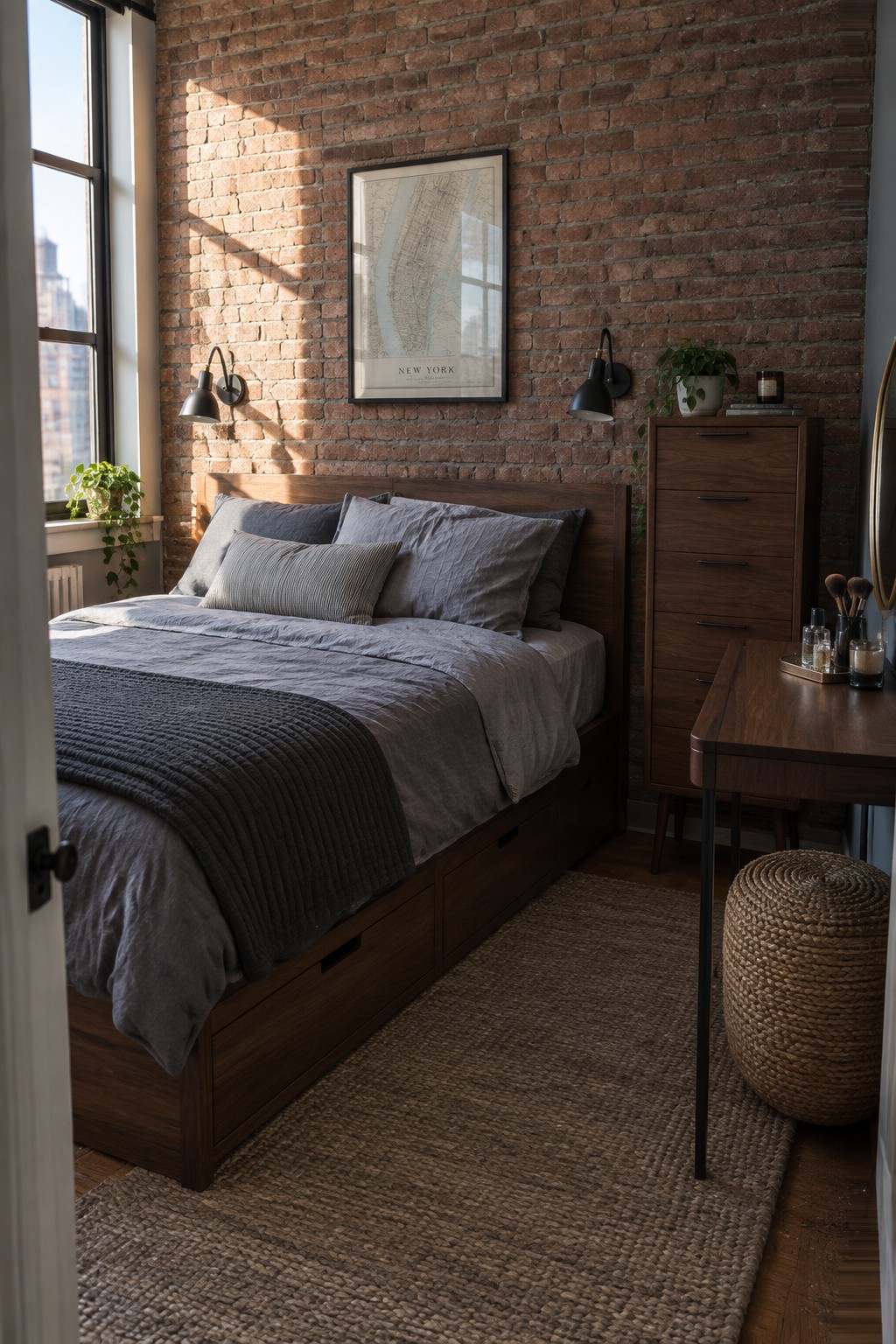 Bedroom with red brick wall, dark wood bed, gray bedding, New York map, and rug