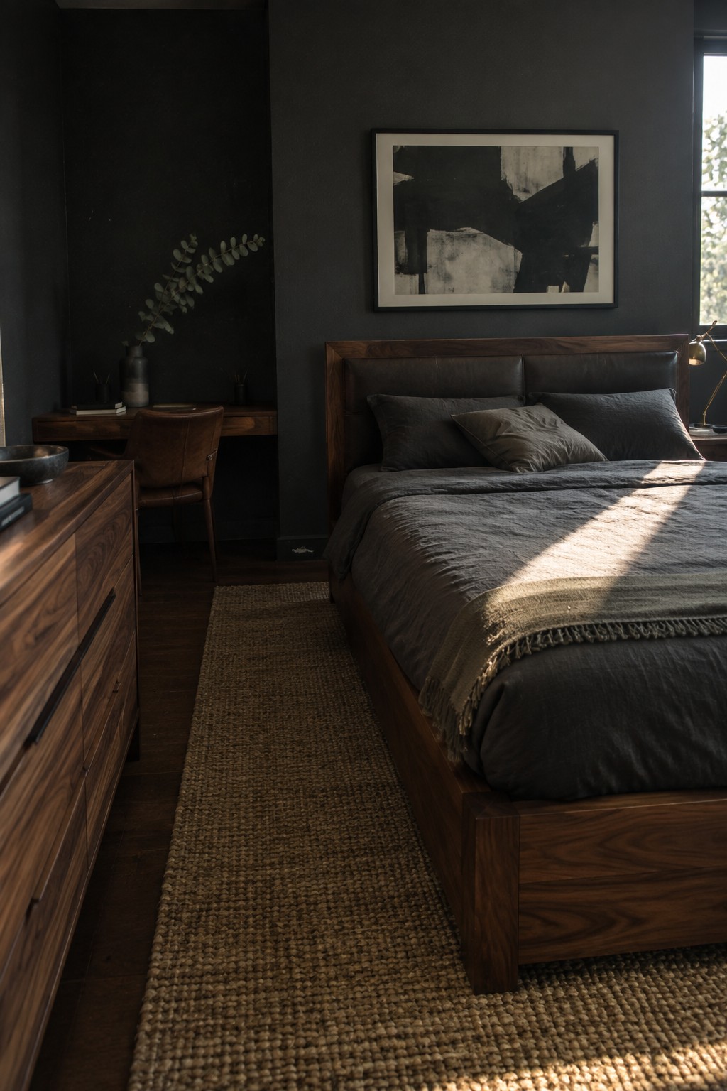 Dark modern bedroom with wooden bed, gray linens, woven rug, and sunlight beam