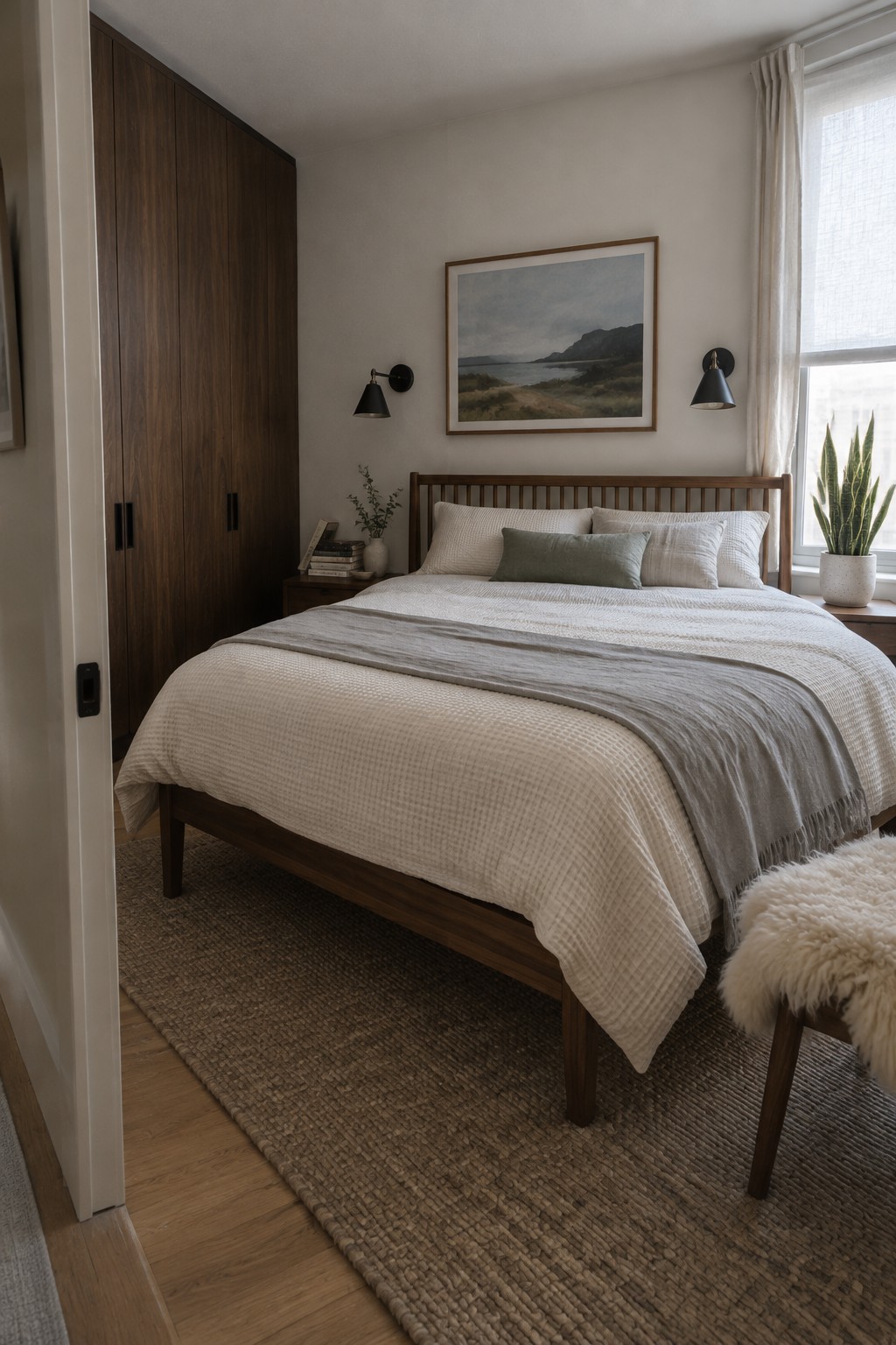 A bedroom with a dark walnut bed frame and tall matching wardrobe, neutral bedding, a woven rug, and light-colored walls.