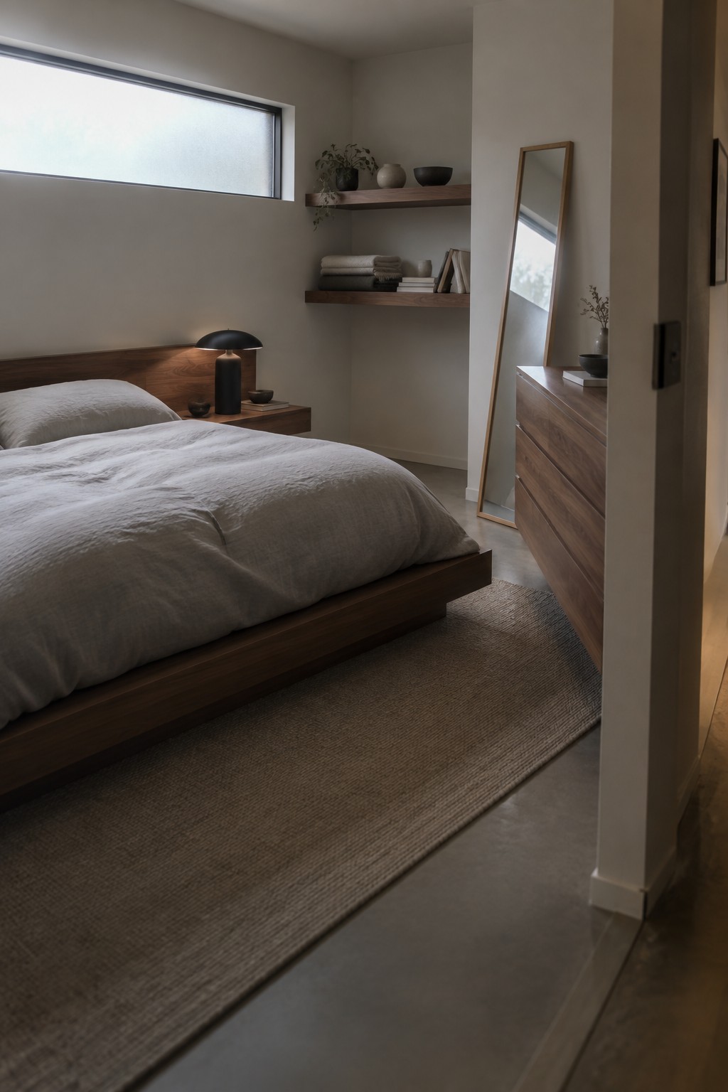 A bedroom with a low walnut platform bed, floating walnut shelves, a walnut nightstand, and a tall walnut dresser with a leaning mirror.