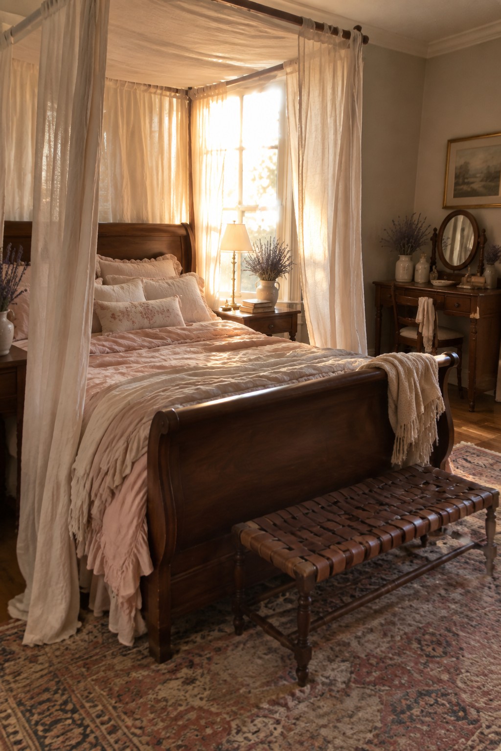 A bedroom with a dark walnut sleigh bed dressed in pink and white linens, sheer canopy curtains, a woven leather bench at the foot, and a wooden vanity with mirror in the background.