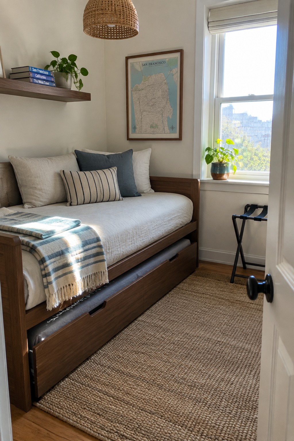 A bedroom corner with a walnut trundle bed, white and striped bedding, a woven rug, and a window with a potted plant on the sill.