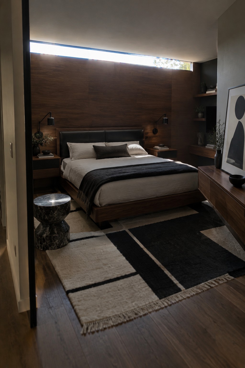 Modern bedroom with dark wood walls, platform bed, geometric rug, and marble stool.