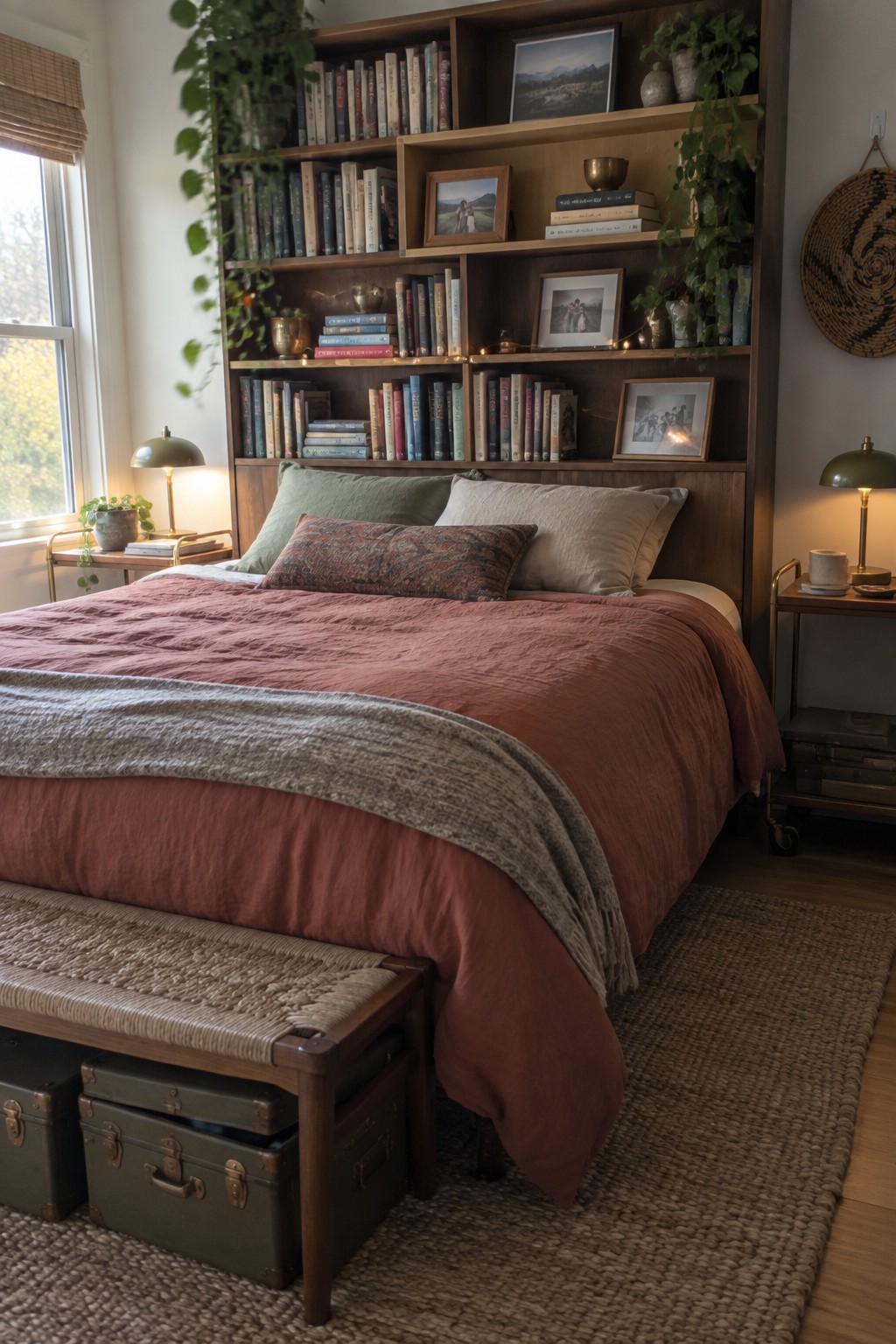 Cozy bedroom with wooden bookshelf headboard, terracotta bedding, woven bench, and jute rug.