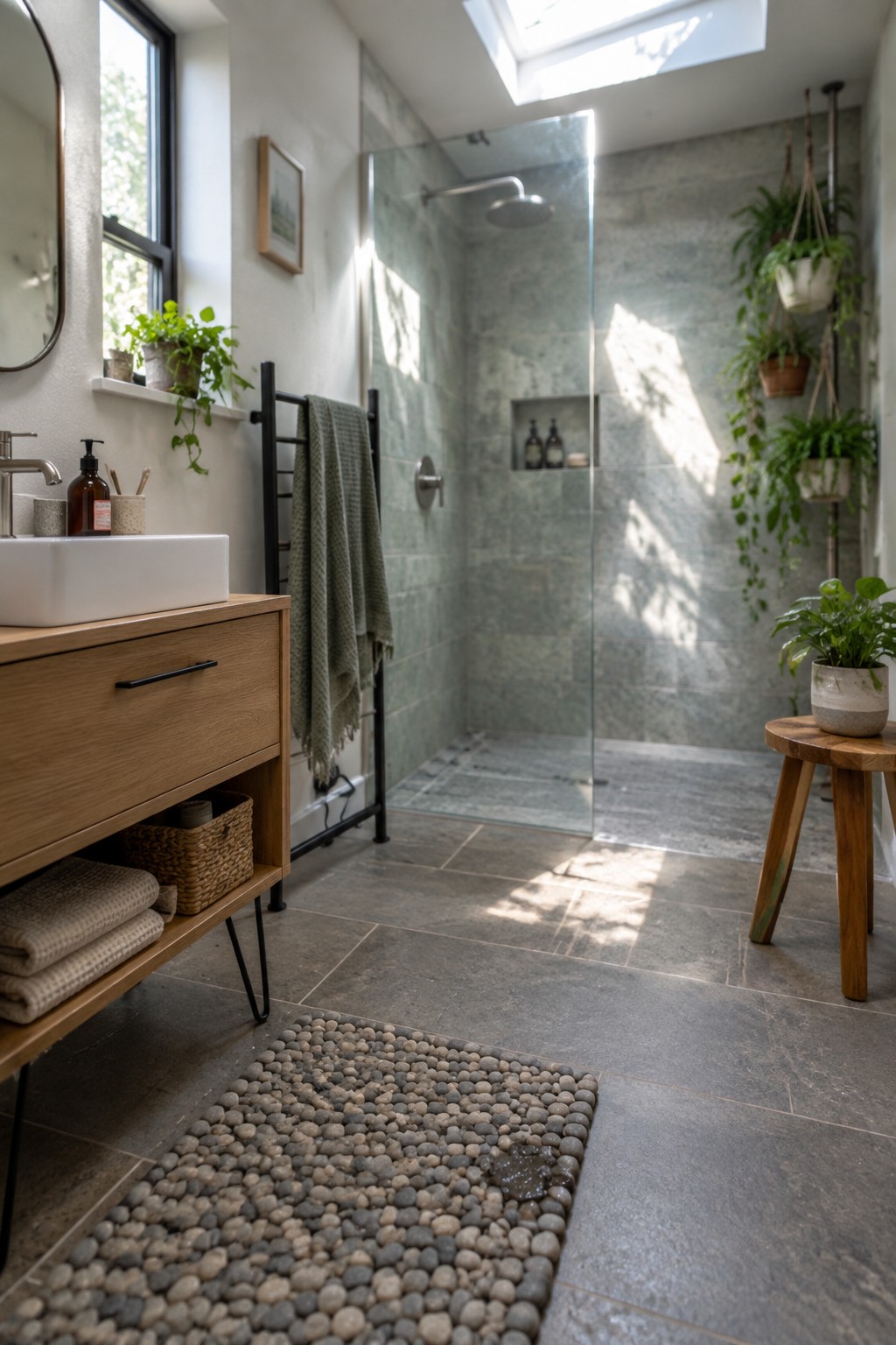 A modern bathroom with gray tiled walls and floor, a wooden vanity with white sink on the left, a glass shower enclosure, and a large pebble-style rug on the floor.