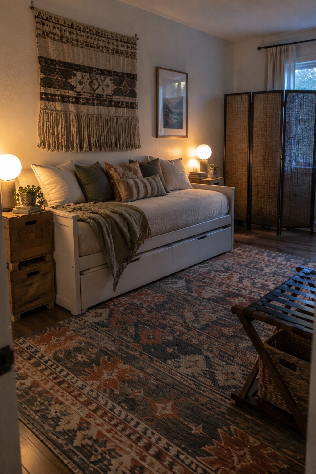 Cozy white daybed with pillows on colorful patterned rug, macrame wall hanging, warm lamps.