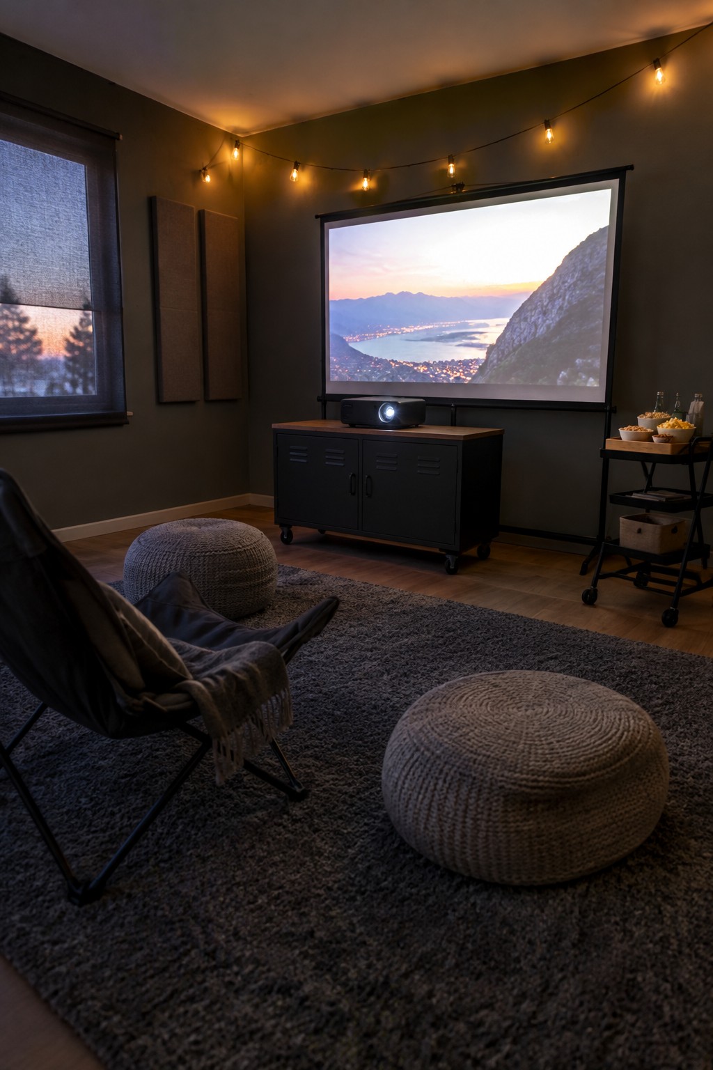Cozy home theater with projector screen, lounge chair, knitted poufs, and string lights