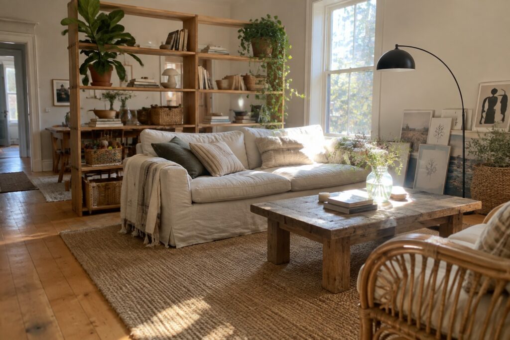 A bright living room with a white slipcovered sofa, wooden coffee table on a jute rug, and a tall freestanding wooden shelving unit holding books, baskets, and plants.