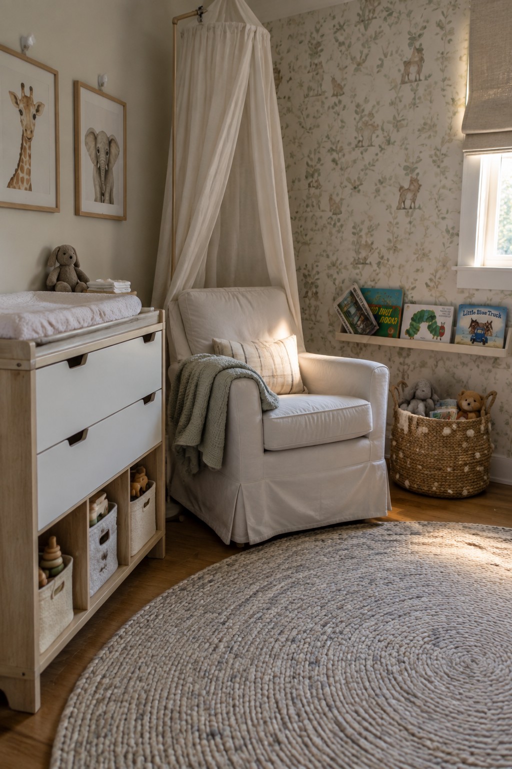 Cozy nursery with white armchair, canopy, wooden changing table, and round woven rug.