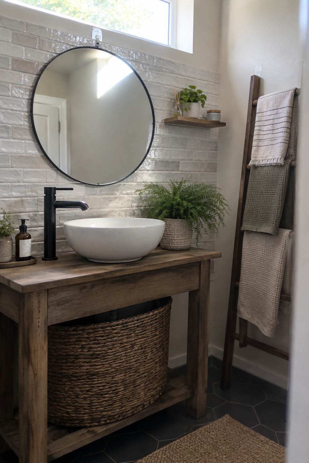 Rustic wooden vanity with white vessel sink, black faucet, round mirror, towel ladder