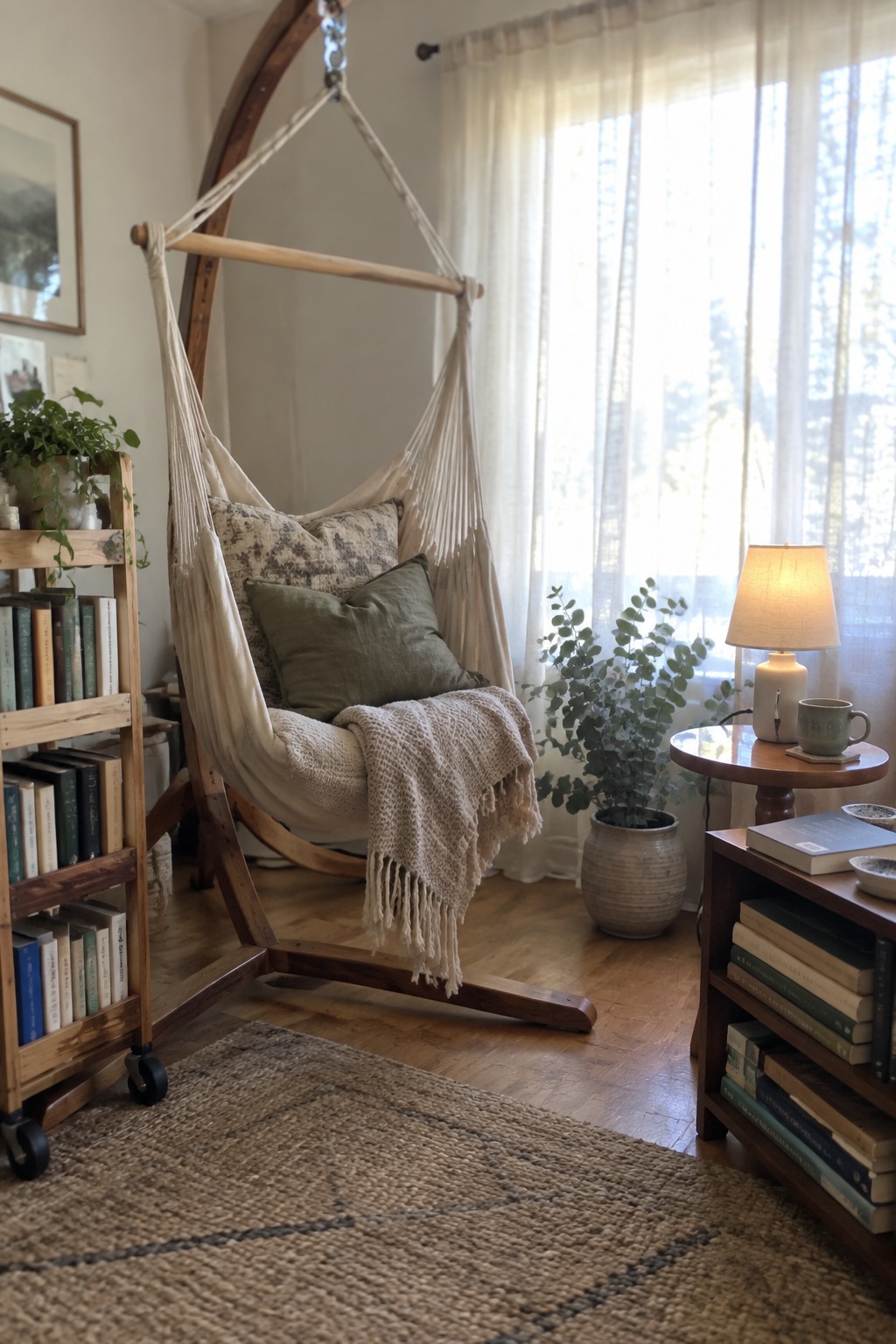 A beige hammock chair with pillows and a throw hangs from a curved wooden freestanding frame in a room with bookshelves, a jute rug, and a window with sheer curtains.