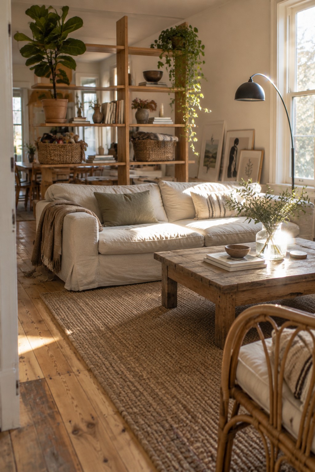 A bright living room with a white slipcovered sofa, wooden coffee table on a jute rug, and a tall freestanding wooden shelving unit holding books, baskets, and plants.