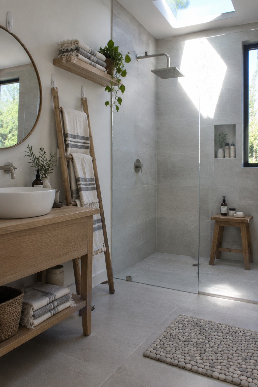 A modern bathroom with light gray tile, a wooden vanity, round mirror, leaning wooden ladder holding towels, and a glass shower with a wooden stool inside.