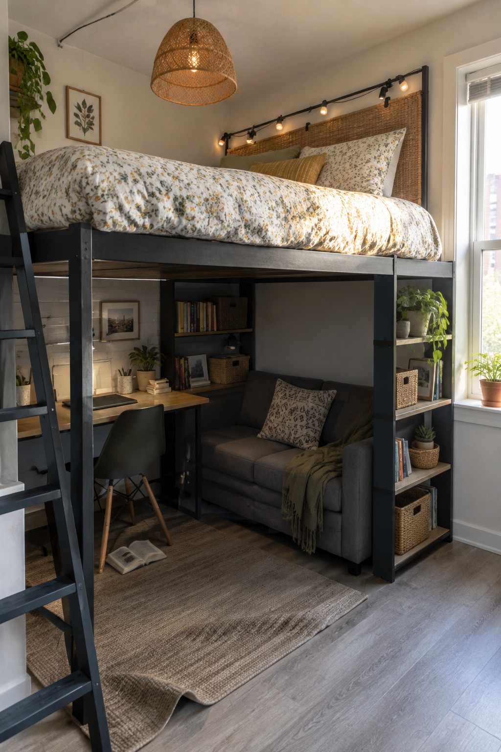 Cozy loft bedroom with floral bed above gray sofa, desk, and plants