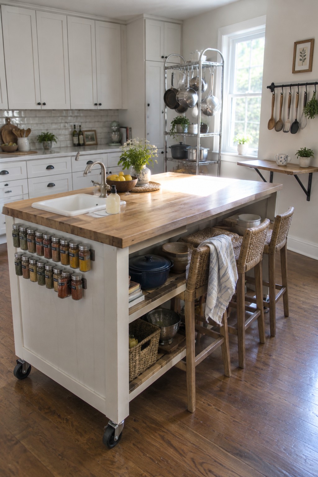White kitchen island with wooden top, sink, spice jars, and wicker bar stools