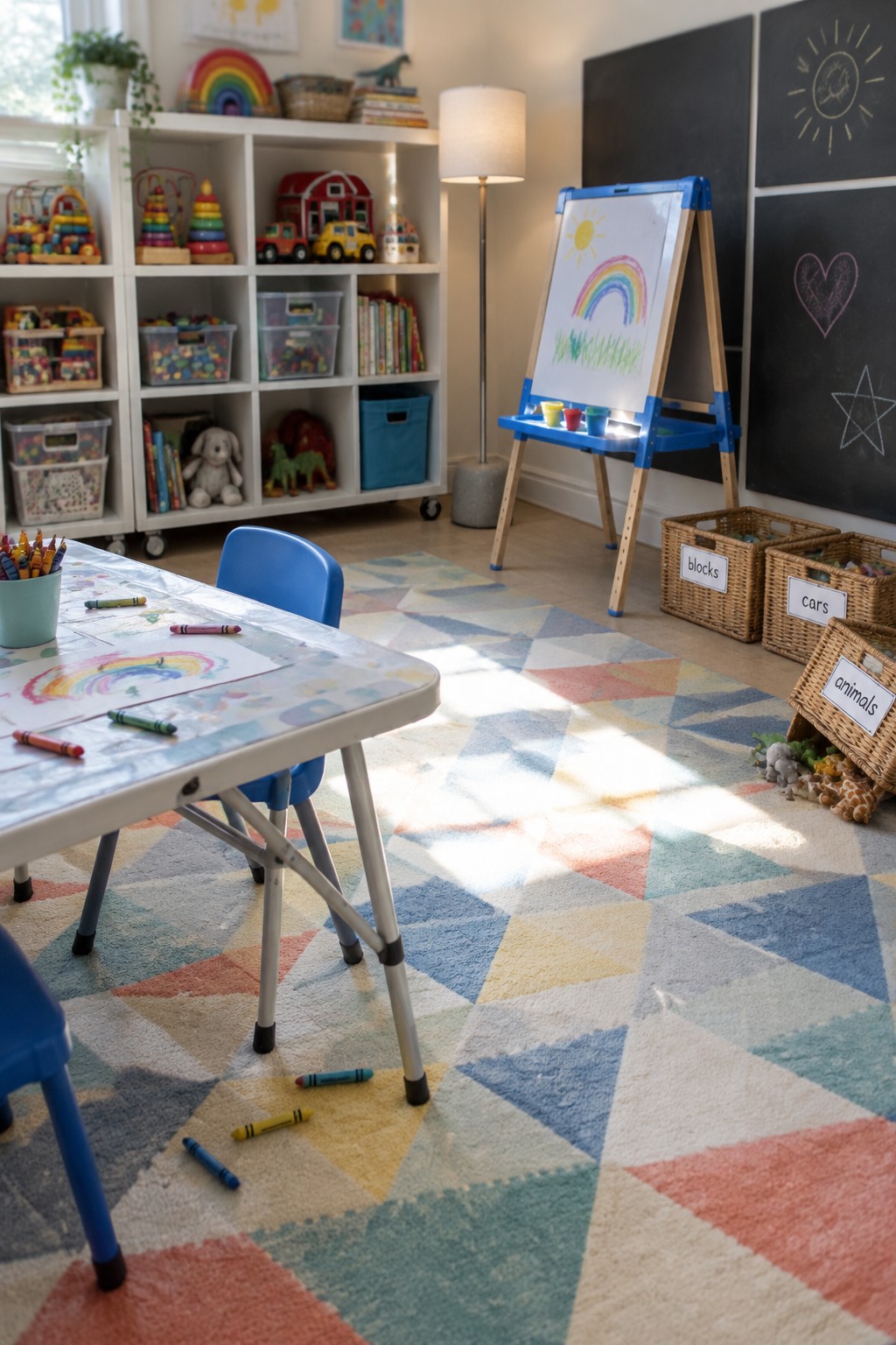 A children's playroom featuring a blue and wood easel with a rainbow drawing, a small white folding table with crayons and drawings, blue chairs, white toy shelves, and labeled woven baskets on a colorful geometric rug.