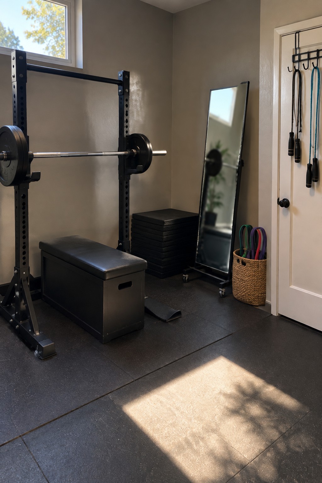 Home gym with black squat rack, barbell, storage bench, mirror, and resistance bands.