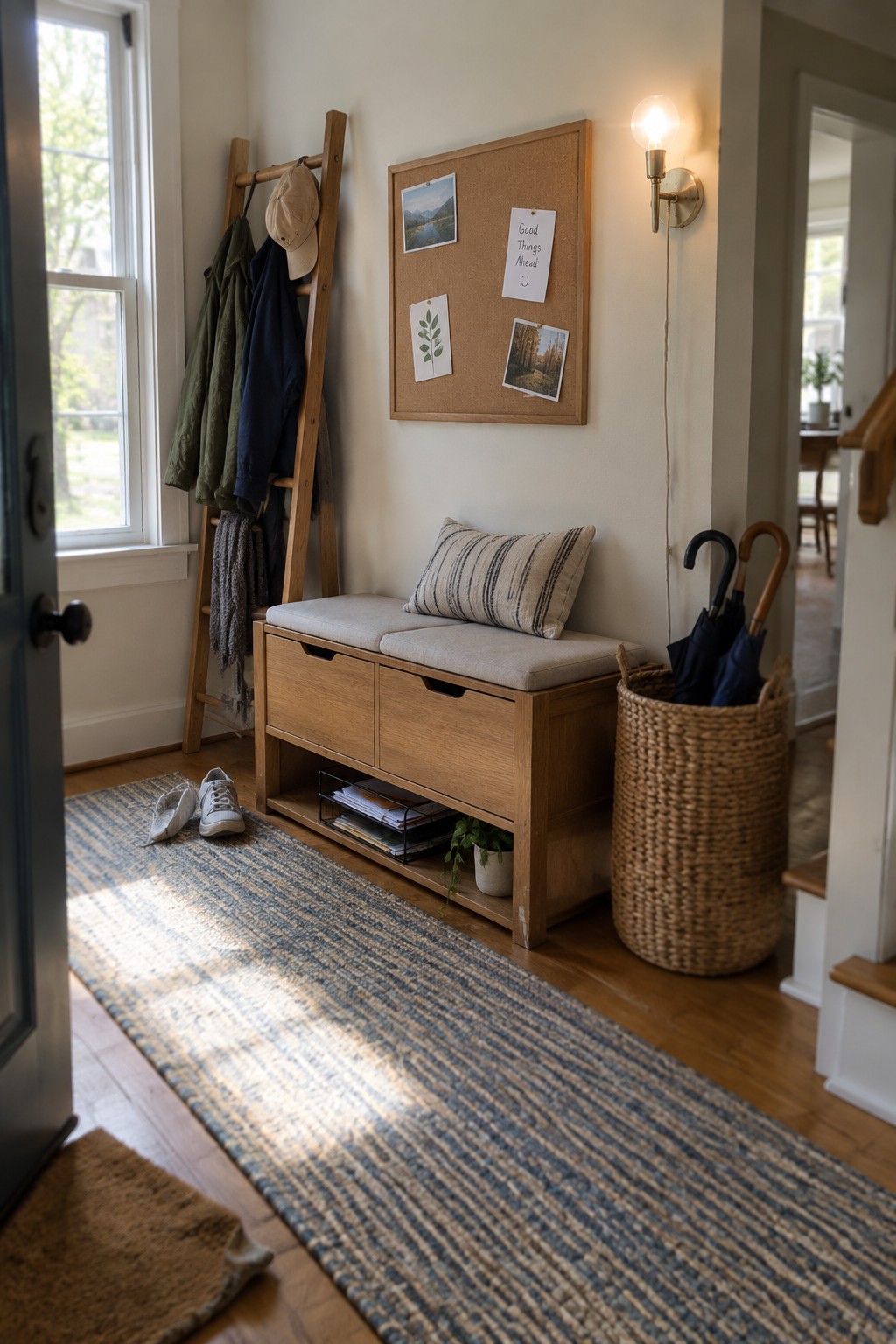 Cozy entryway with wooden storage bench, ladder coat rack, corkboard, striped rug, and umbrella basket.