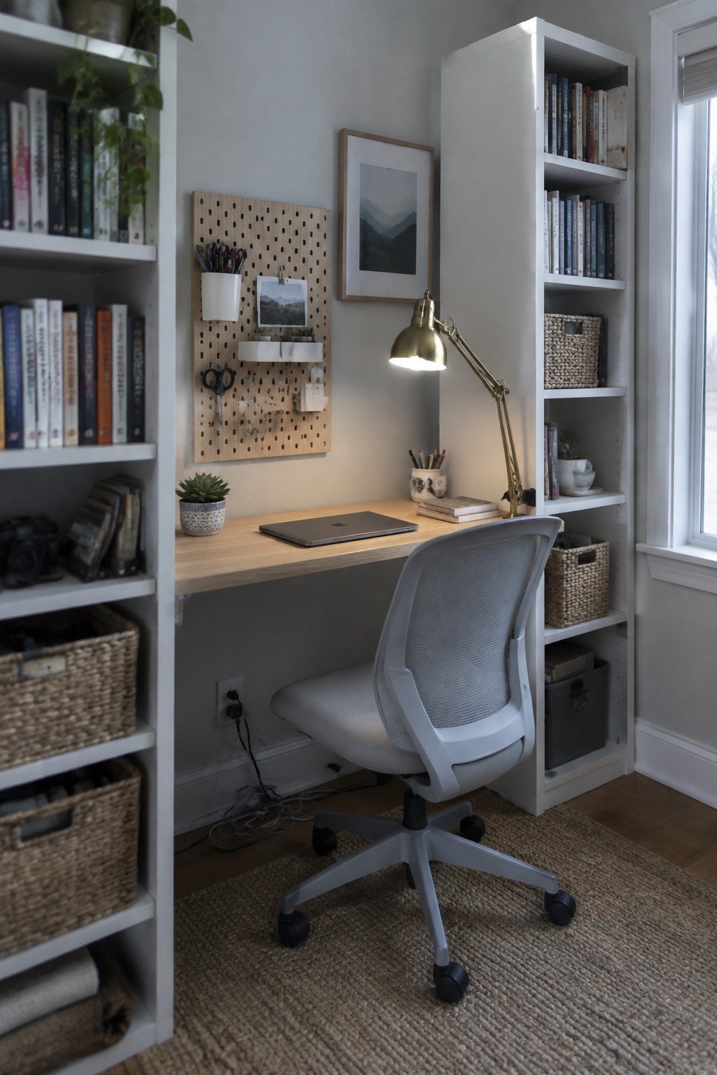 A compact home workspace with a light wood desk, gray mesh office chair, white bookshelves on both sides, and a wooden pegboard mounted on the wall holding pens, scissors, and a small photo.