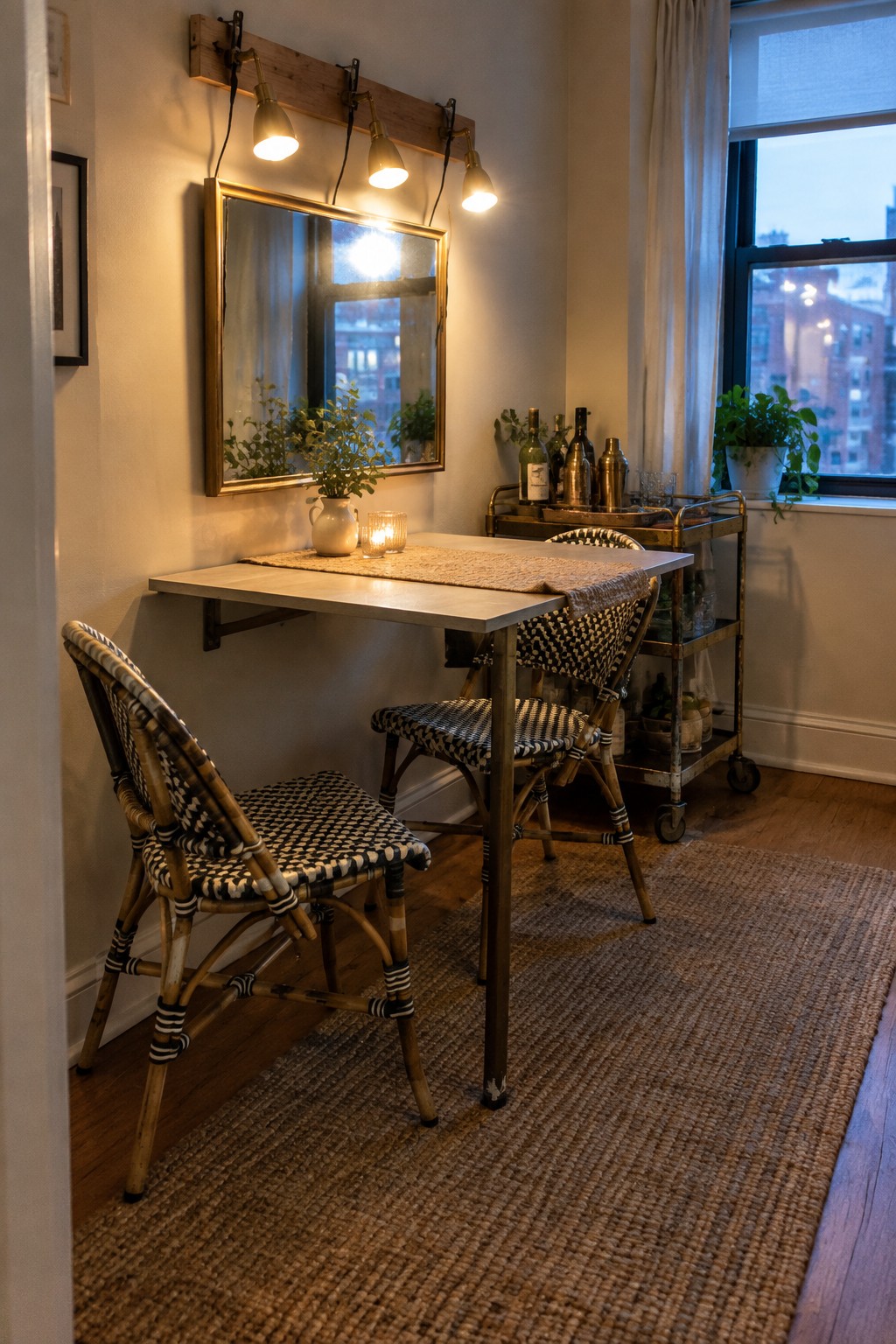 Cozy dining nook with wall-mounted table, woven chairs, mirror, and bar cart.