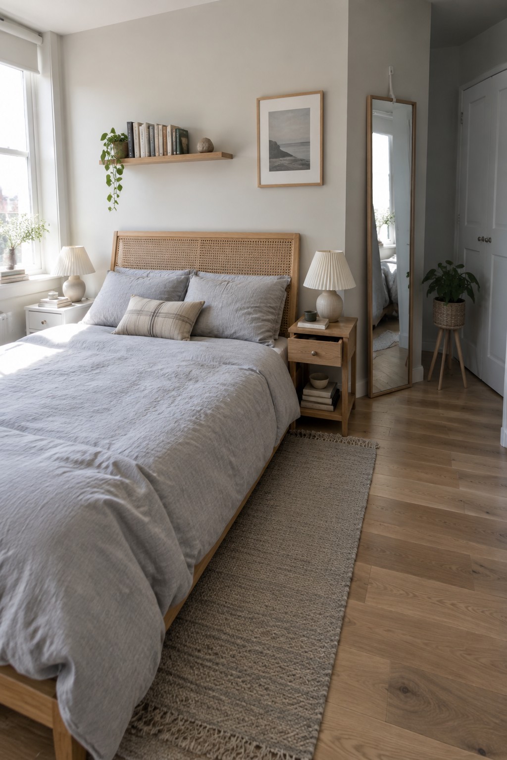 A bedroom featuring a wooden bed with a woven cane headboard, light gray bedding, two wooden nightstands, and a long textured rug on hardwood flooring.