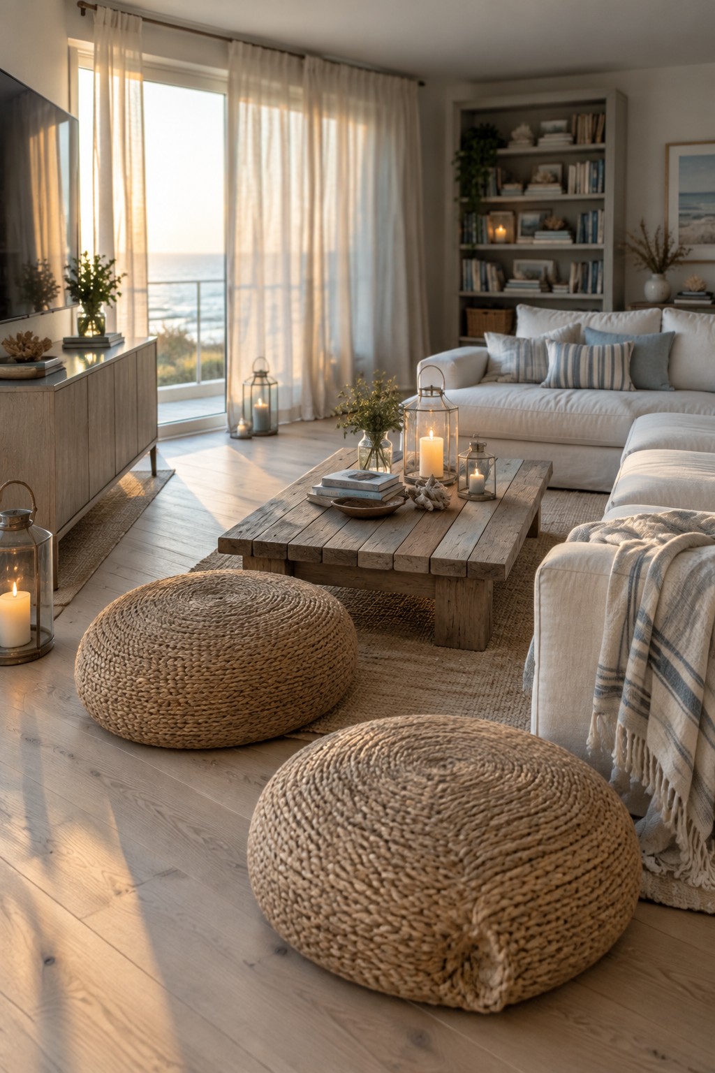 A bright coastal living room with a white sofa, rustic wooden coffee table, two large round woven jute poufs on a rug, and several lit lanterns near an ocean-view window.
