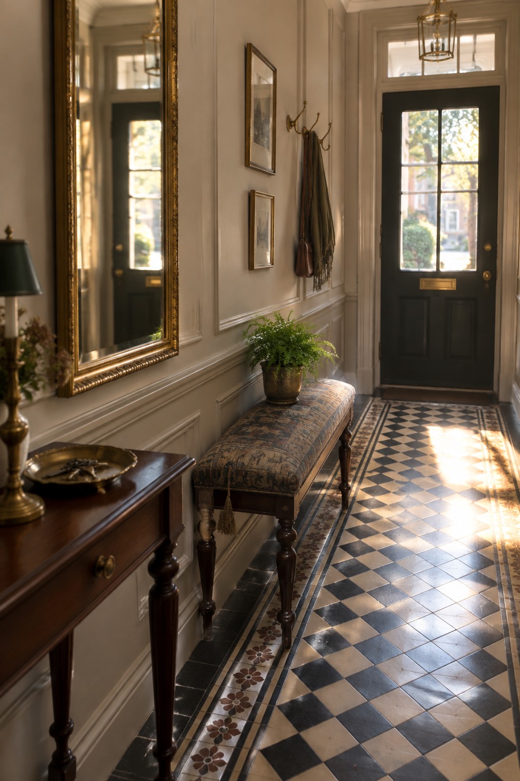 A narrow interior hallway with a long upholstered bench against the wall, a dark wood console table on the left, and a black front door at the end above black and white checkered tile flooring.