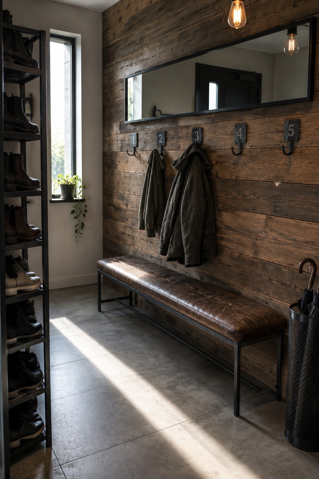 A narrow interior entryway featuring a long brown upholstered bench beneath five numbered metal wall hooks on dark wood paneling, with a tall shoe rack visible on the left side.