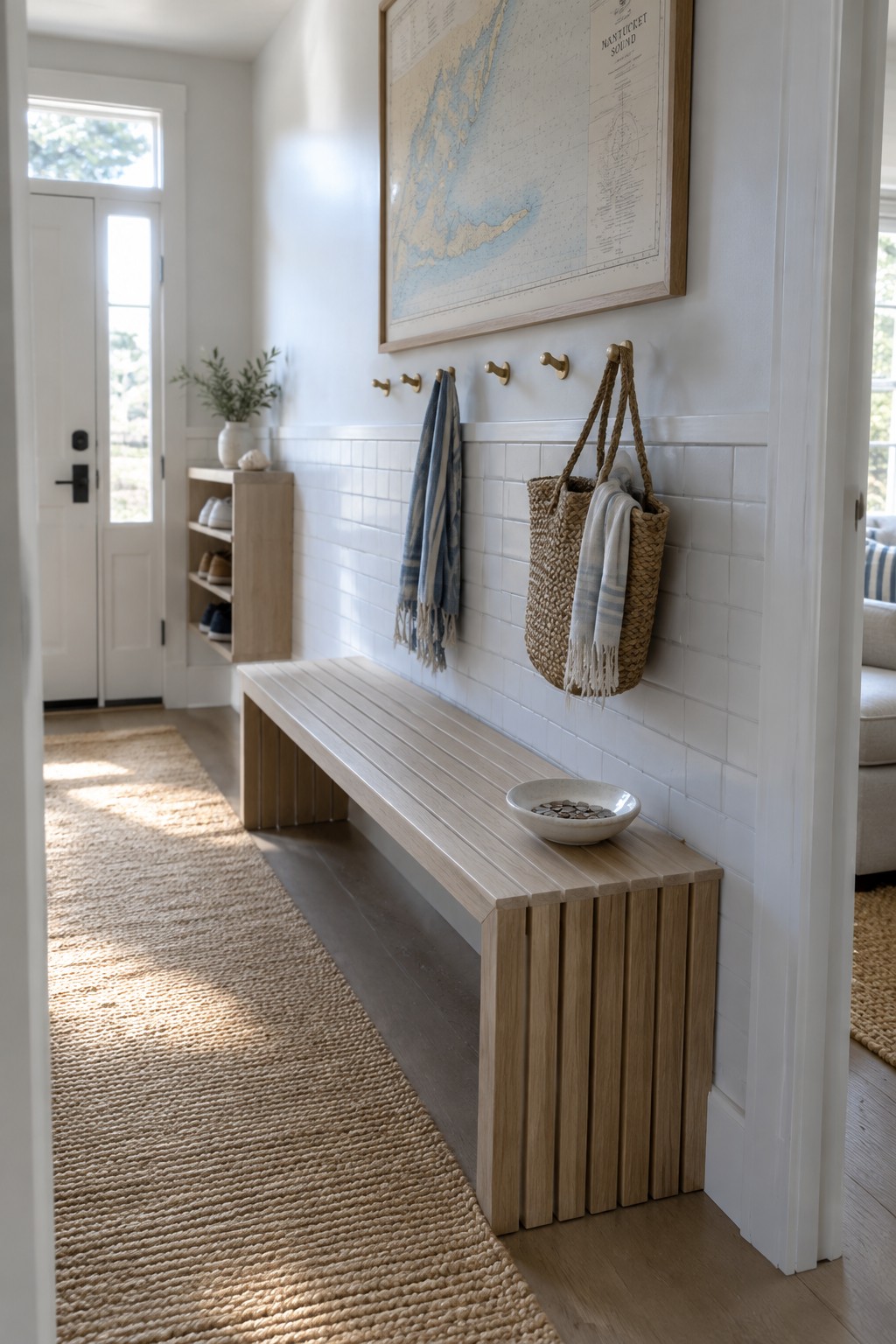 A light wood bench runs along a white wainscoted wall in a narrow entryway, with brass hooks holding a woven bag and striped scarf above it and a bowl resting on the bench seat.