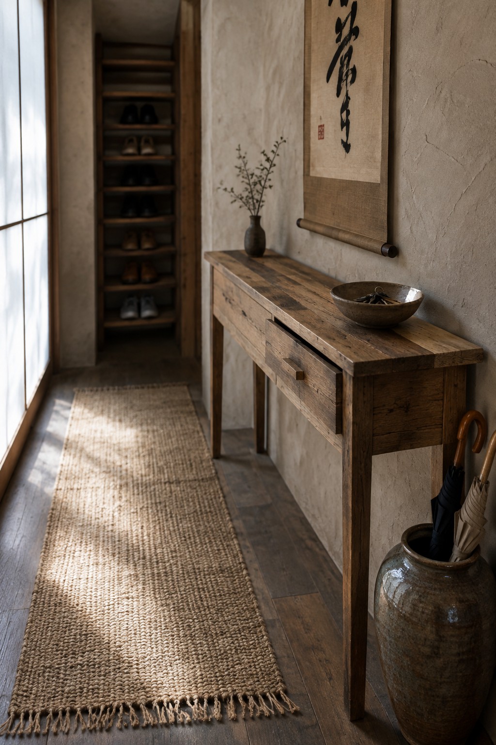 A narrow wooden console table with one drawer sits against a textured wall in a hallway, topped with a bowl and small vase, next to a large ceramic umbrella holder and a woven runner on the floor, with built-in shoe shelves visible in the background.