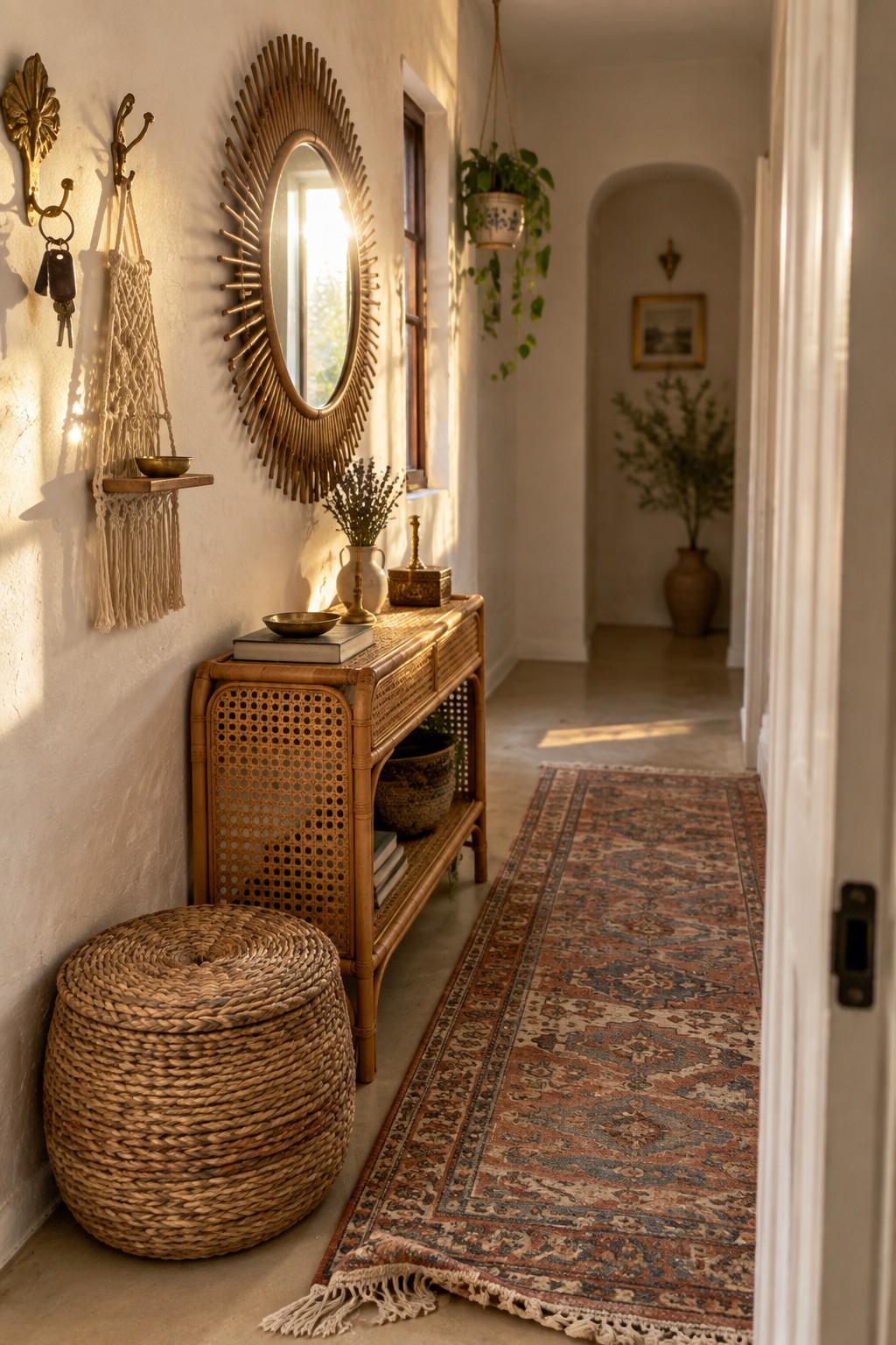 A narrow hallway with a rattan console table, round woven ottoman, sunburst mirror on the wall, and long patterned runner rug.