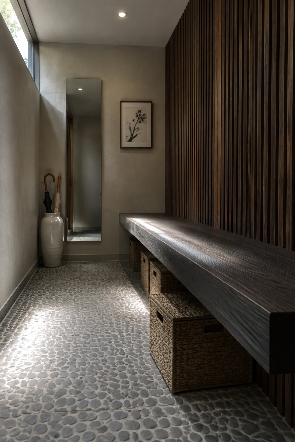 A narrow interior hallway with a long dark wood bench above woven storage baskets, a tall mirror on the opposite wall, and pebble tile flooring.