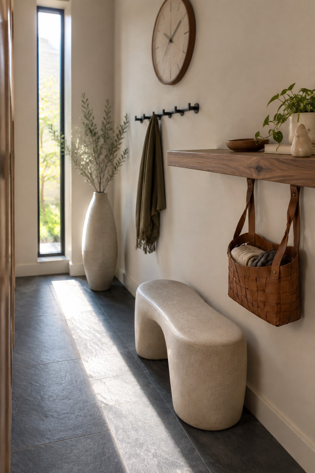 A narrow interior hallway with a curved beige bench under a wooden floating shelf, a hanging woven basket, wall hooks, and a tall window on the left.