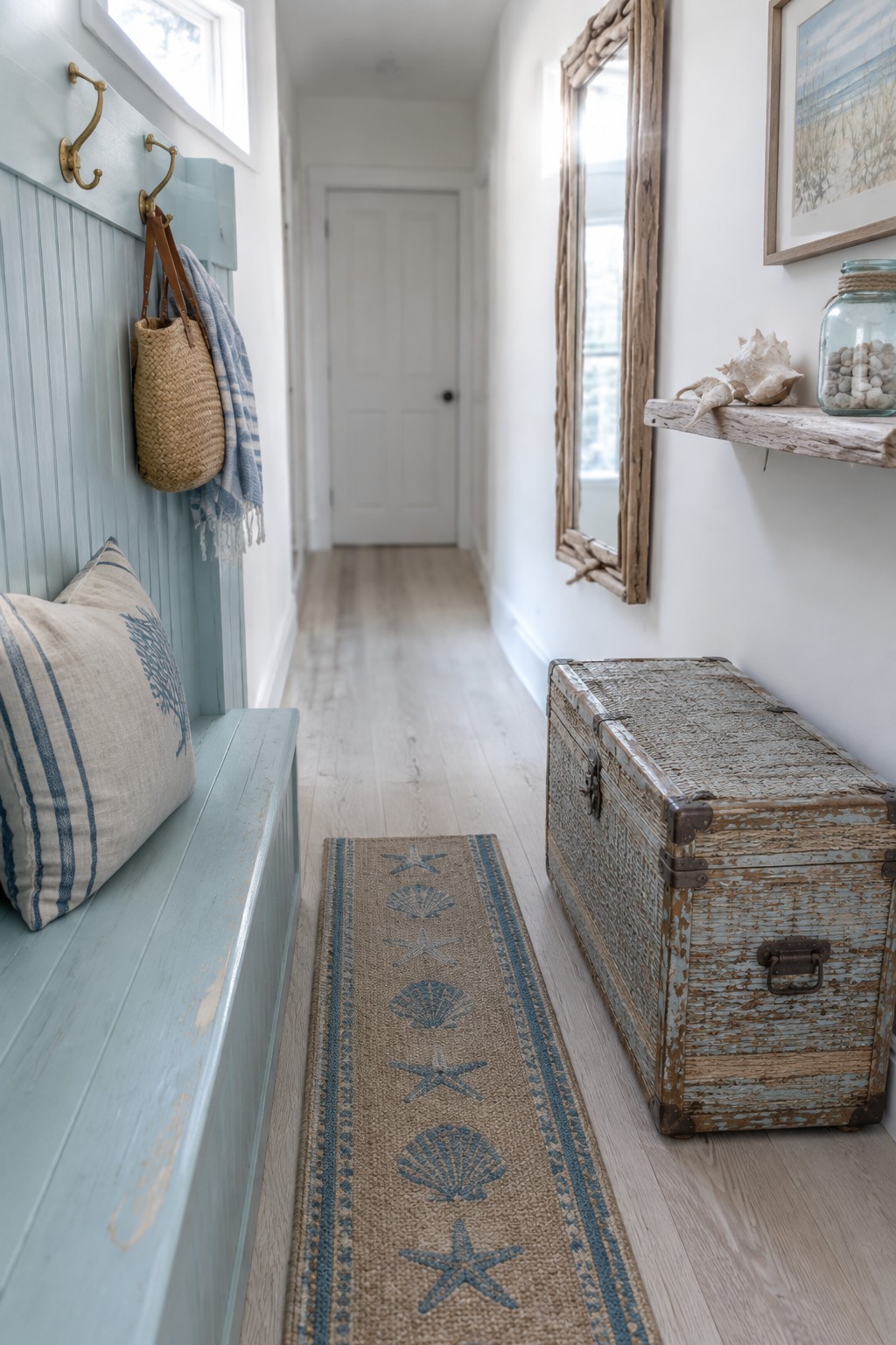 Narrow coastal hallway with light blue bench, seashell rug, and distressed trunk.