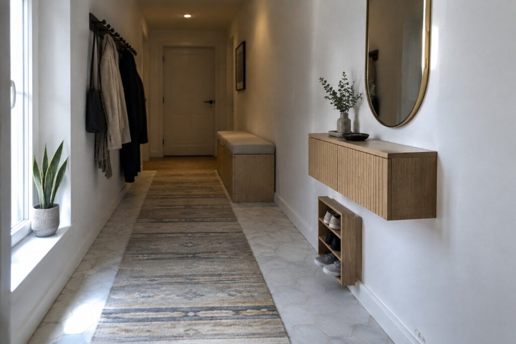 A narrow interior hallway with white hexagonal floor tiles, a floating light wood console table beneath an oval gold mirror, two potted plants on the console, a gray upholstered storage bench, black wall hooks holding coats, and a striped runner rug leading toward a gray door.