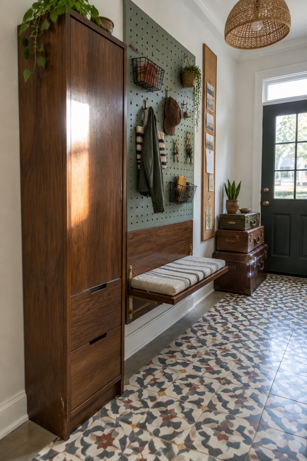 A narrow entryway with a tall dark wood cabinet on the left, a fold-down wooden bench with striped cushion below a green pegboard wall holding hooks and wire baskets, stacked vintage trunks on patterned tile flooring, and a dark front door at the end.