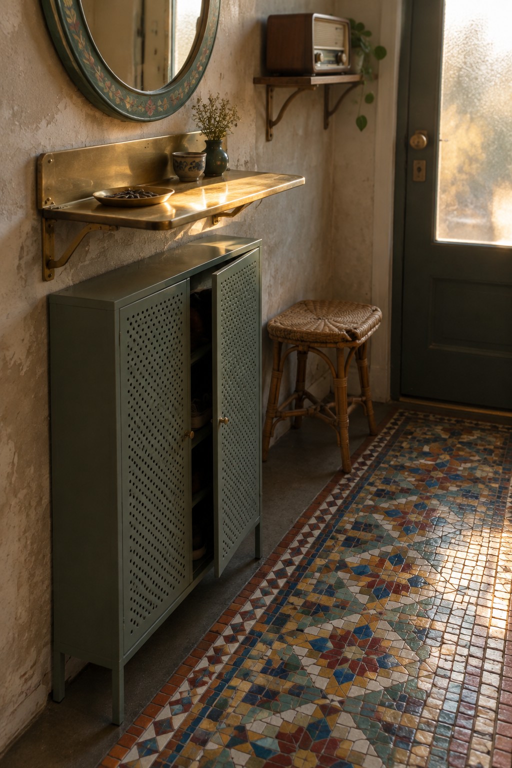 A narrow green metal cabinet with perforated doors sits in an entryway next to a woven stool, with a brass wall-mounted shelf and round mirror above it.