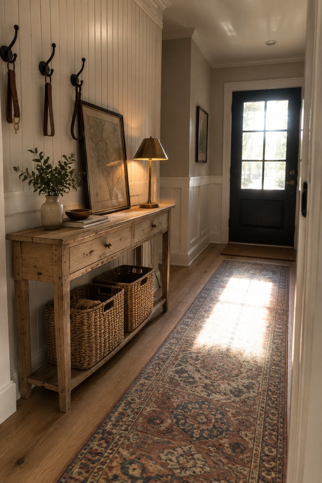Sunlit hallway with wooden console table, woven baskets, runner rug, and black door