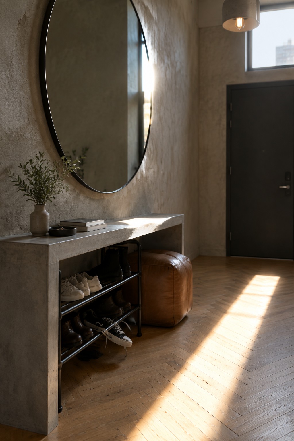 Sunlit modern entryway with round mirror, concrete shoe bench, leather pouf, and wood floor.