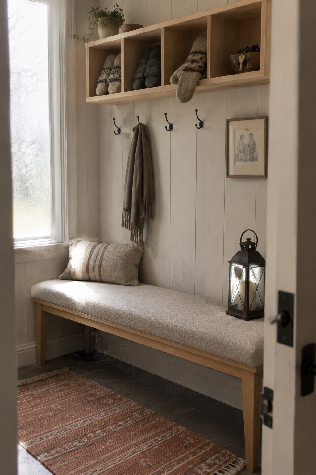 A narrow entryway features a light wood bench with a cushion, black hooks on white paneling holding a brown scarf, open wooden cubbies above containing mittens and a bowl of keys, and a dark metal lantern on the floor beside a striped rug.