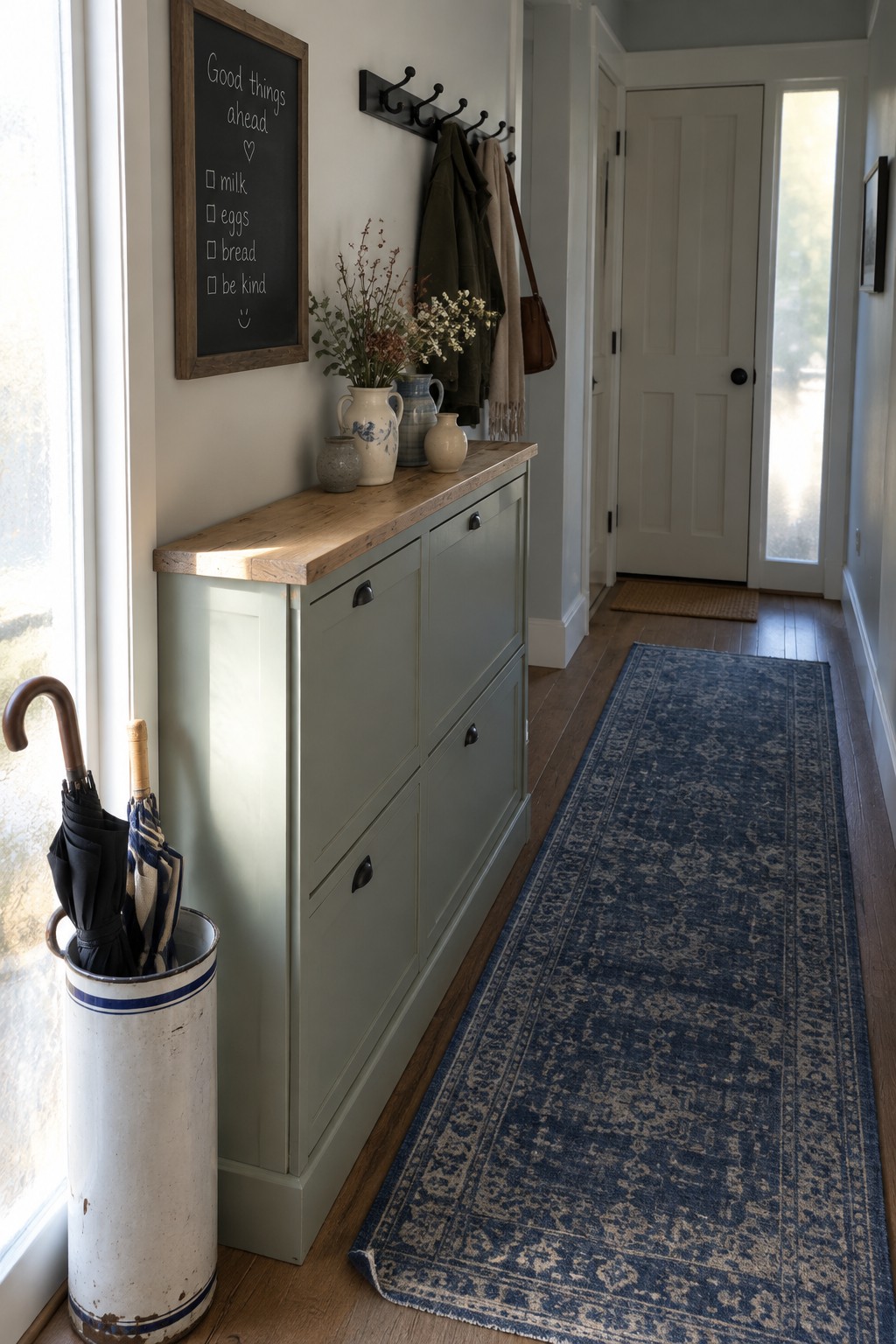 Hallway with sage green cabinet, chalkboard, coat rack, umbrella stand, and blue rug