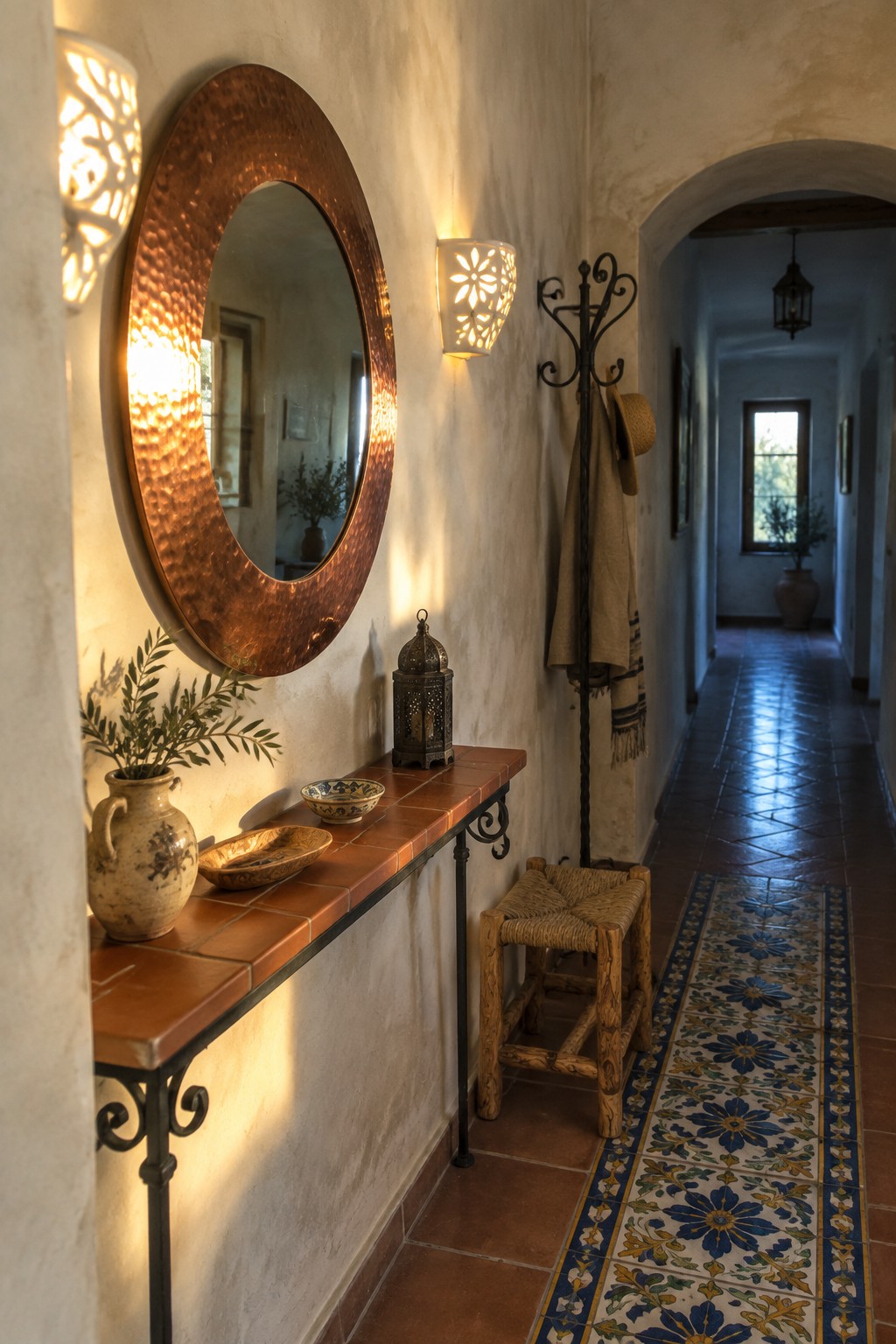 Rustic Mediterranean hallway with hammered copper mirror, tiled console, and patterned runner.