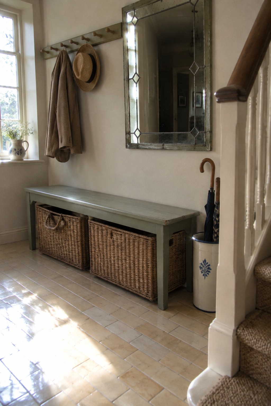Sage green bench with wicker baskets, coat rack, straw hat, and mirror in entryway