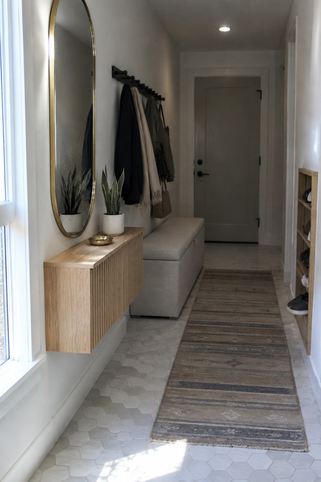 A narrow interior hallway with white hexagonal floor tiles, a floating light wood console table beneath an oval gold mirror, two potted plants on the console, a gray upholstered storage bench, black wall hooks holding coats, and a striped runner rug leading toward a gray door.