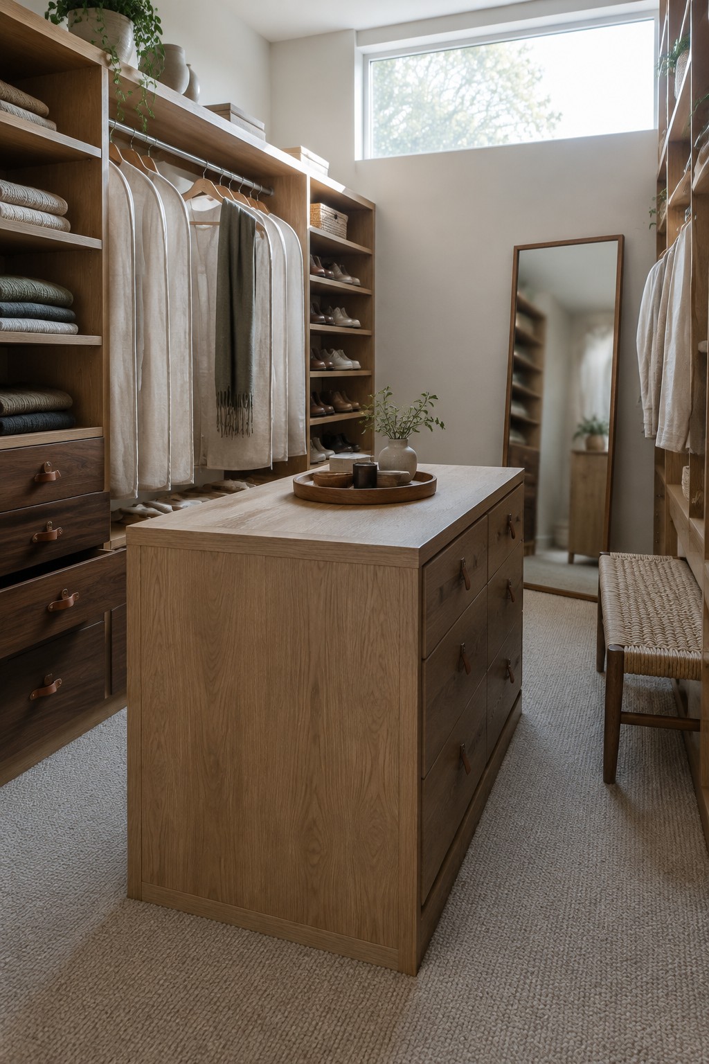 A light wood walk-in closet featuring a central island with multiple drawers, open shelving with folded textiles, hanging garments, and a full-length mirror on the right wall.