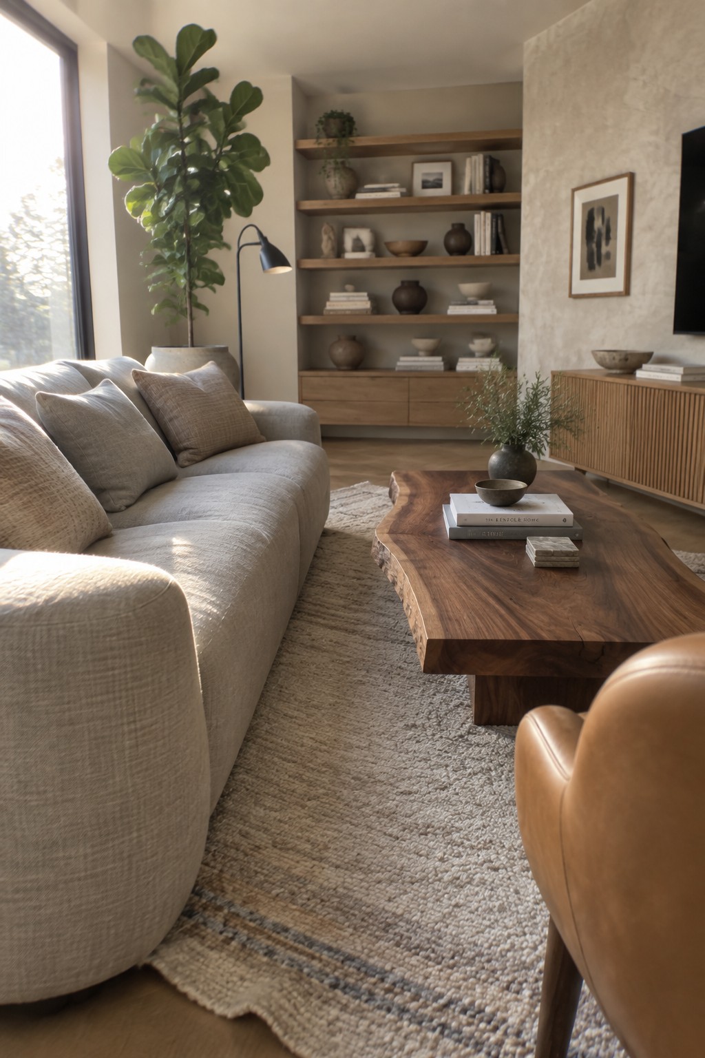 A living room featuring a light gray sectional sofa, a live edge wooden coffee table on a textured rug, and built-in wooden shelves with neutral decor.