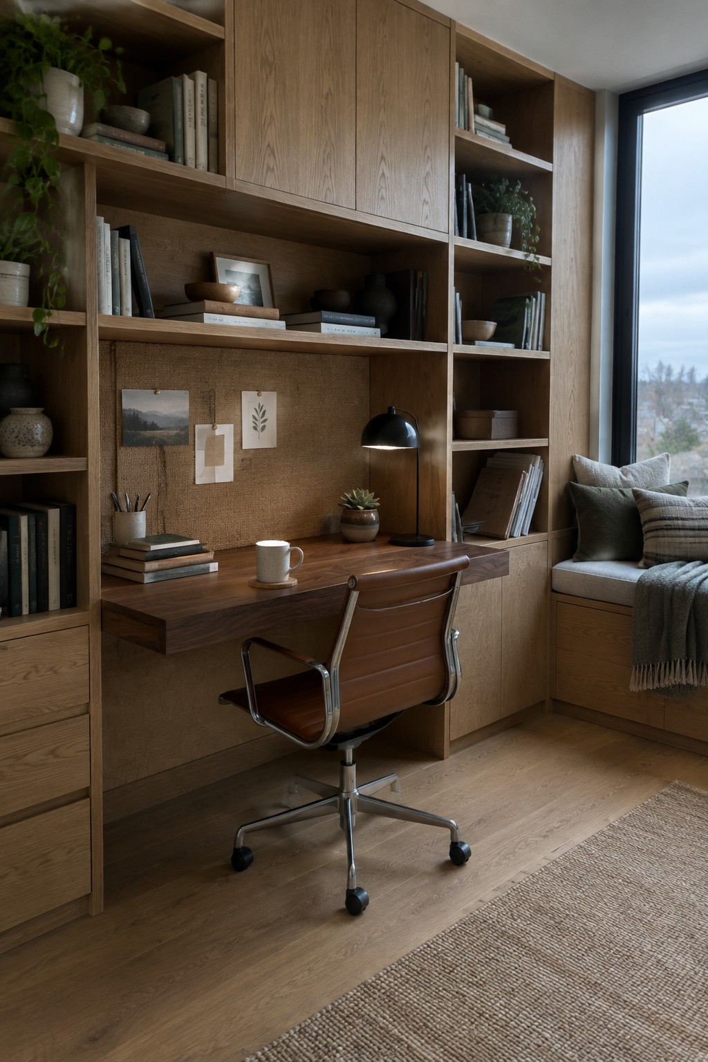 A wooden built-in desk and shelving unit in a home office with a brown leather swivel chair, books, and a black desk lamp.