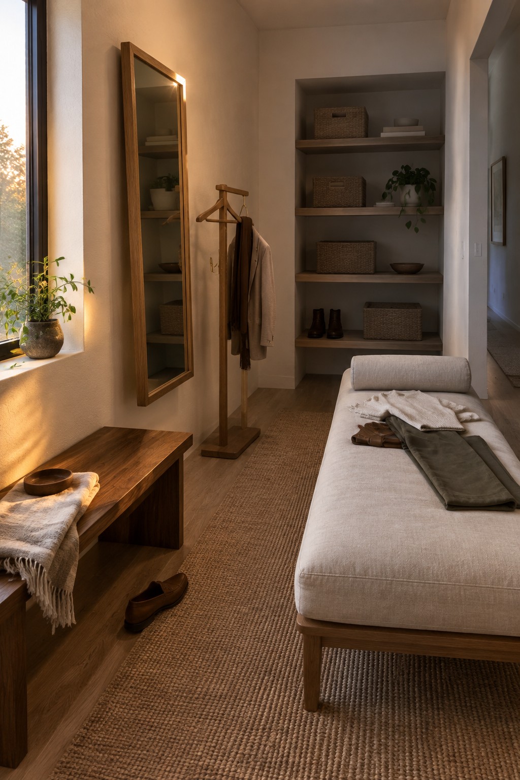 A room with light wood built-in shelves holding baskets and plants, a wooden bench, and a neutral chaise lounge on a woven rug.